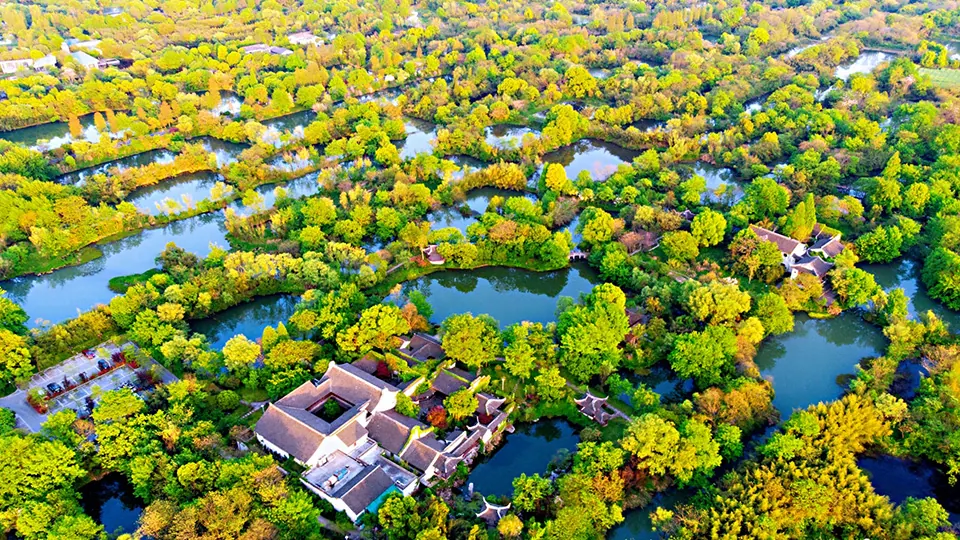 An aerial view of Xixi Wetland showing winding waterways, dense trees and a waterside compound